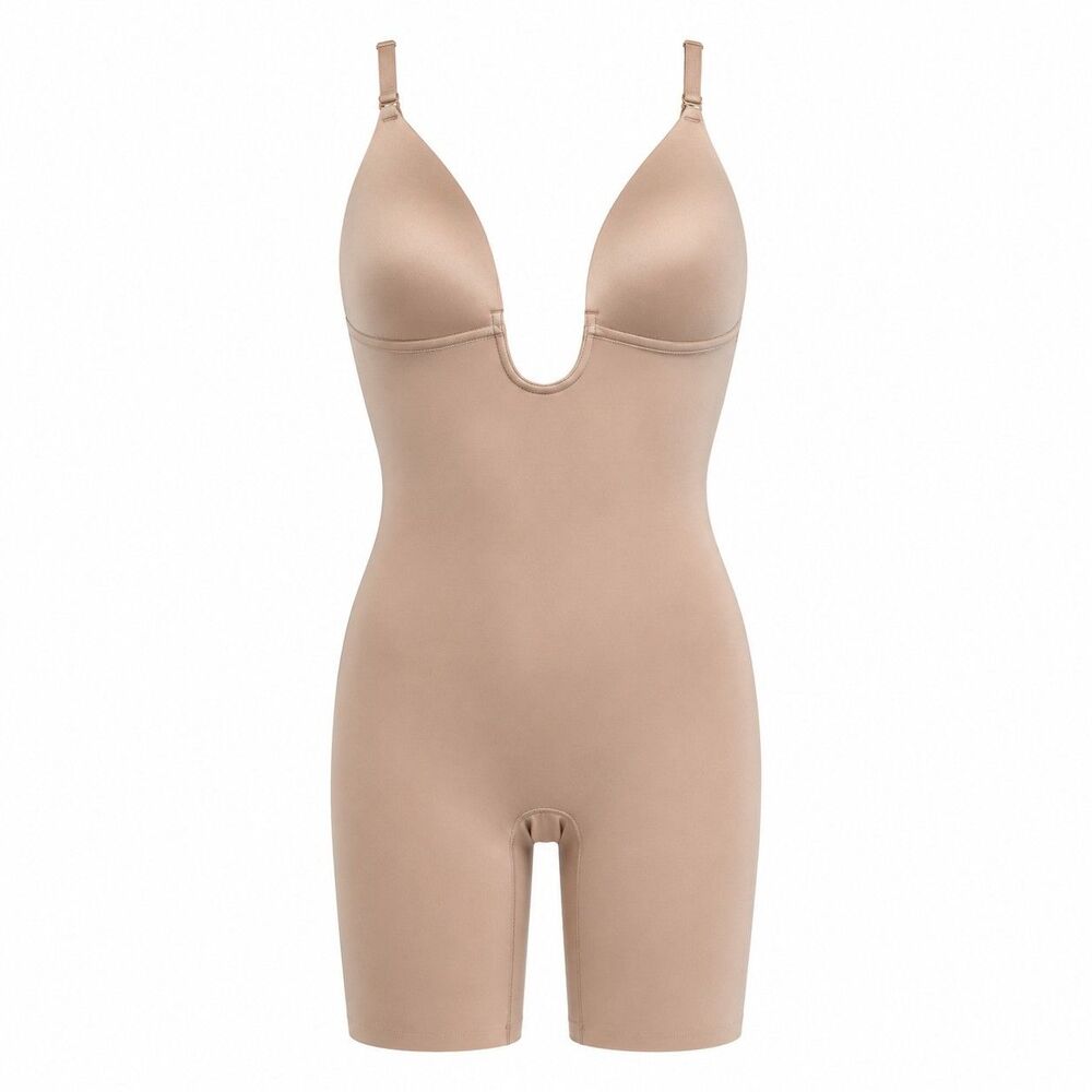 NEW Spanx Plunge Low Back Mid-Thigh Bodysuit Size XL Champagne Beige